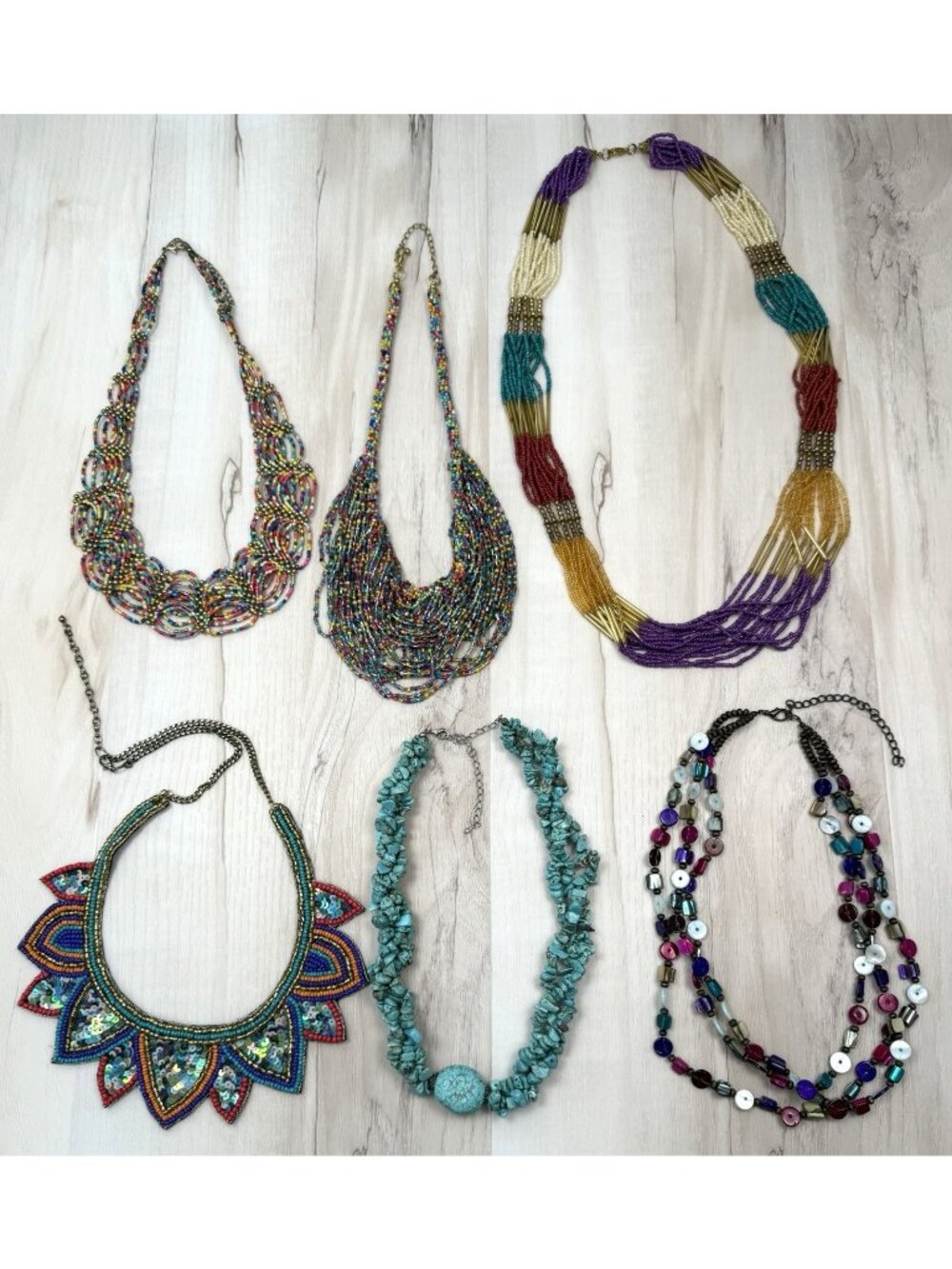 VTG to Modern 6pc Estate Multicolor Beaded Statement NECKLACE LOT Rainbow Boho